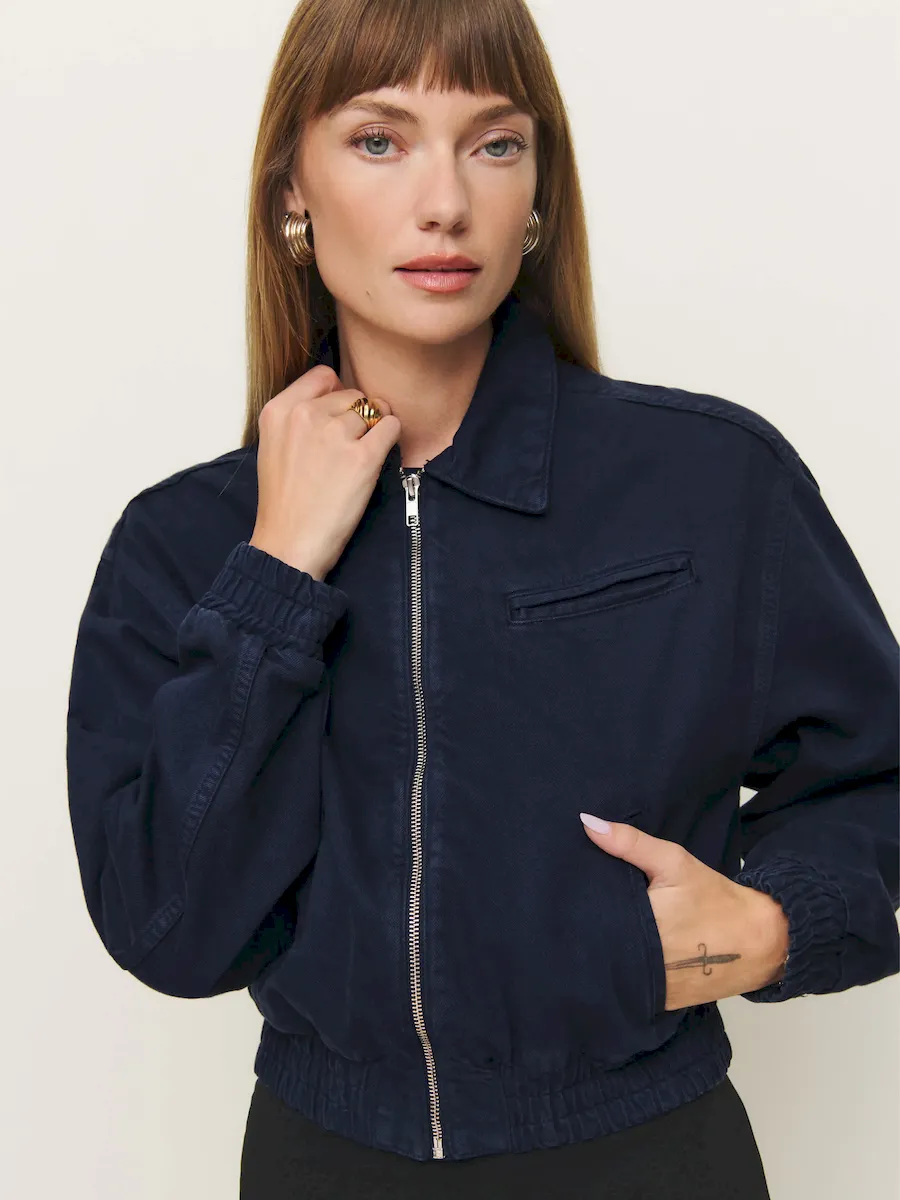 Kinsley Denim Cropped Bomber Jacket - Image 2